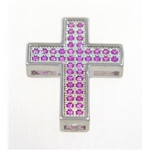 copper Cross beads paved hotpink zircon, platinum plated, approx 17x23mm