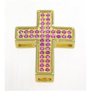 copper Cross beads paved hotpink zircon, gold plated, approx 17x23mm