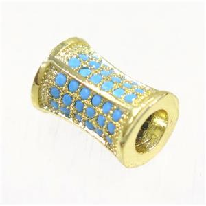 copper bamboo beads paved zircon, gold plated, turq, approx 7x10mm