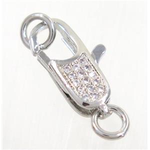 copper clasp pave zircon, platinum plated, approx 5.5x14mm