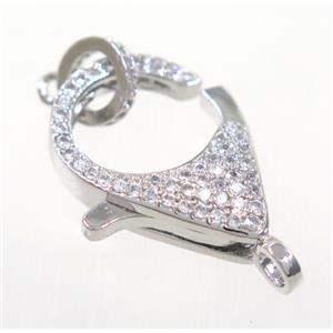 copper Lobster Clasp pave zircon, platinum plated, approx 16-22mm