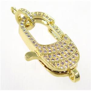 copper Lobster Clasp pave zircon, gold plated, approx 11-25mm