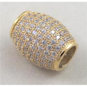 copper barrel beads pave zircon, gold plated, approx 10x12mm, 5mm hole