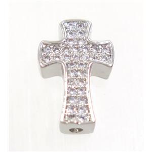 copper cross beads paved zircon, platinum plated, approx 9x14mm