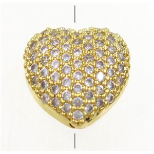 copper heart beads paved zircon, gold plated, approx 10mm dia