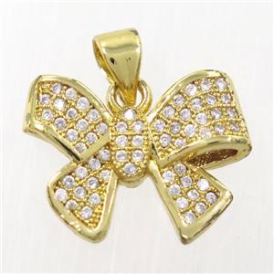 copper Bowknot pendant paved zircon, gold plated, approx 13-17mm