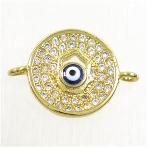 copper circle connector paved zircon with evil eye, gold plated, approx 12.5mm dia