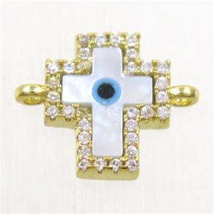 copper cross connector paved zircon with shell evil eye, gold plated, approx 10x12mm