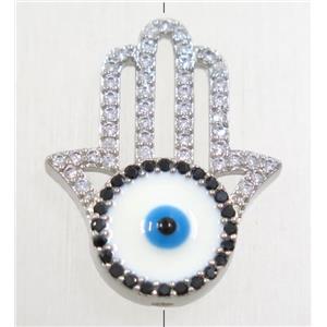 copper hamsahand beads paved zircon with evil eye, platinum plated, approx 16-20mm