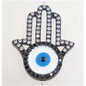 copper hamsahand beads paved zircon with evil eye, black plated, approx 16-20mm