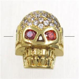 copper Skull beads paved zircon, gold plated, approx 10.5-12.5mm