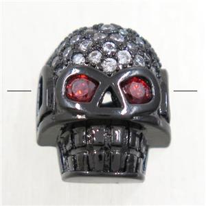 copper Skull beads paved zircon, black plated, approx 10.5-12.5mm