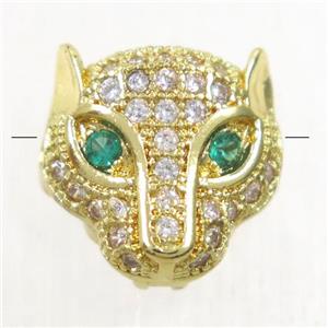 copper foxHead beads paved zircon, gold plated, approx 11mm