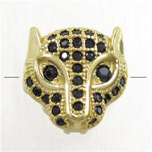 copper pantherhead beads paved zircon, gold plated, approx 11mm