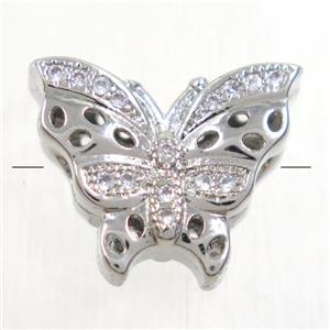 copper butterfly beads paved zircon, platinum plated, approx 13-15.5mm
