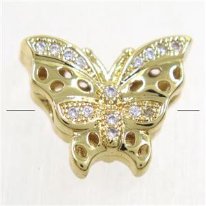 copper butterfly beads paved zircon, gold plated, approx 13-15.5mm