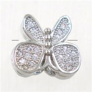 copper butterfly beads paved zircon, platinum plated, approx 10-11mm