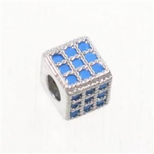 copper cube beads paved zircon, platinum plated, turq, approx 6x6mm