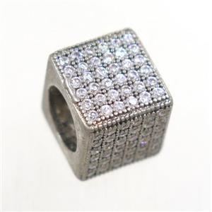 European style copper cube beads paved zircon, platinum plated, approx 9.5x9.5mm, 7mm hole
