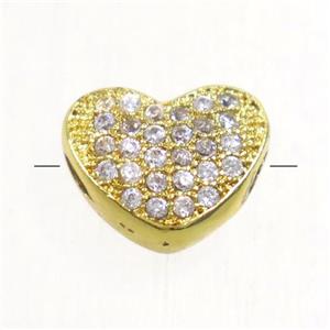 copper heart beads paved zircon, gold plated, approx 7.5x9mm