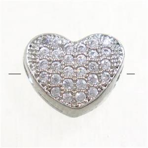 copper heart beads paved zircon, platinum plated, approx 7.5x9mm