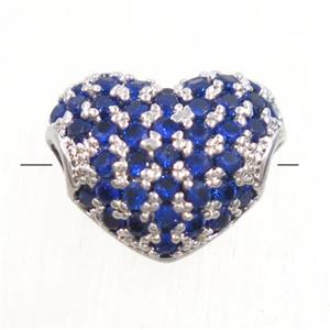 European style copper heart beads paved blue zircon, platinum plated, approx 9x10.5mm