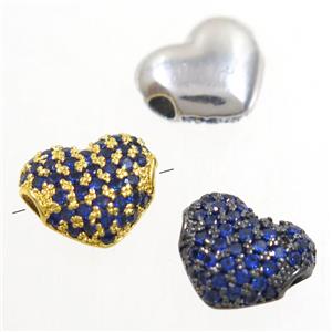 European style copper heart beads paved blue zircon, mix color, approx 9x10.5mm