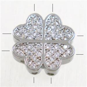 copper bead paved zircon, clover, platinum plated, approx 15mm