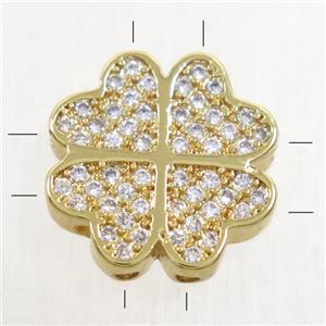 copper bead paved zircon, clover, gold plated, approx 12mm