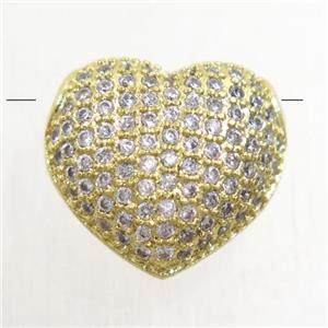 copper heart beads paved zircon, gold plated, approx 14x15mm