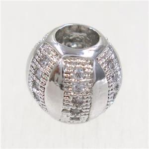 European style copper barrel beads paved zircon, platinum plated, approx 9.5mm dia, 4mm hole