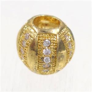 European style copper barrel beads paved zircon, gold plated, approx 9.5mm dia, 4mm hole