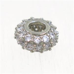 European style copper beads paved zircon, rondelle, platinum plated, approx 8mm dia, 3mm hole