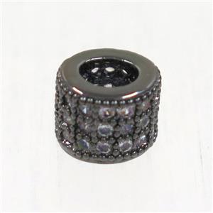 European style copper tube beads paved zircon, black plated, approx 6mm dia, 3mm hole