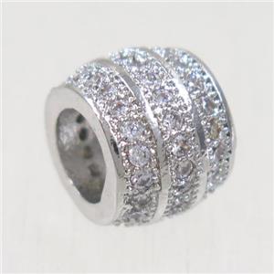 European style copper beads paved zircon, barrel, platinum plated, approx 7.5x9.5mm, 5mm hole