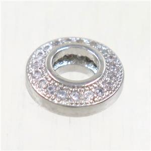 European style copper rondelle beads paved zircon, platinum plated, approx 9.5mm dia, 4mm hole