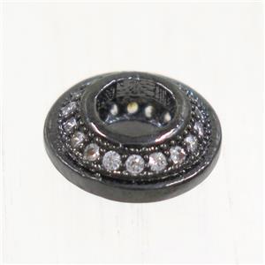European style copper rondelle beads paved zircon, black plated, approx 9.5mm dia, 4mm hole