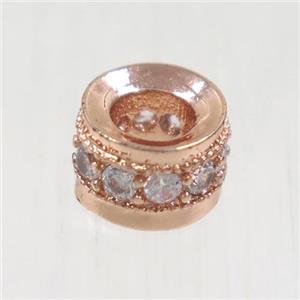 European style copper bead paved zircon, rondelle, rose gold, approx 6mm dia, 3mm hole
