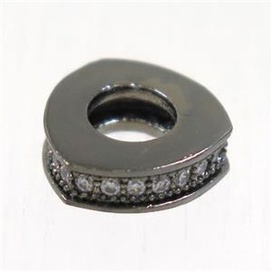 European style copper triangle beads paved zircon, black plated, approx 9.5mm, 4mm hole