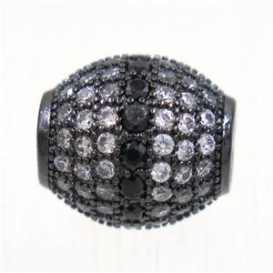 European style copper beads paved zircon, barrel, black plated, approx 12x13mm, 5mm hole