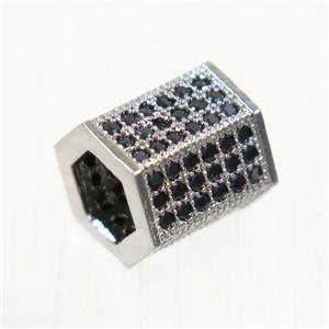 European style copper tube beads paved zircon, platinum plated, approx 7.5-8.5mm