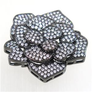 copper RoseFlower connector paved zircon, black plated, approx 32-34mm