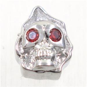 copper skull beads paved zircon, platinum plated, approx 10-13mm