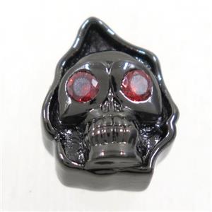 copper skull beads paved zircon, black plated, approx 10-13mm