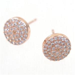 copper circle earring studs paved zircon, rose gold, approx 9mm dia