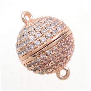 round copper ball magnetic clasp paved zircon, rose gold, approx 8mm dia
