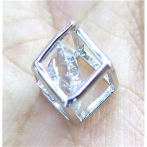 copper bead paved rhinestone, cube, platinum plated, approx 7x7mm