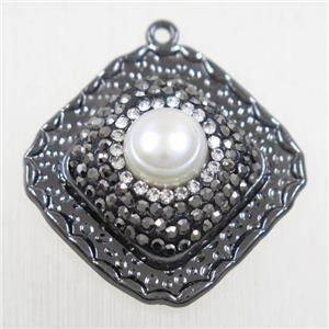 copper square pendant paved rhinestone with pearl, black plated, approx 23-27mm
