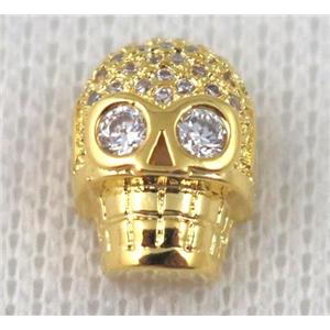 copper bead pave zircon, skull, gold plated, approx 10x12mm
