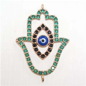 copper HamsaHand connector paved green zircon, evil eye, rose gold, approx 19-25mm